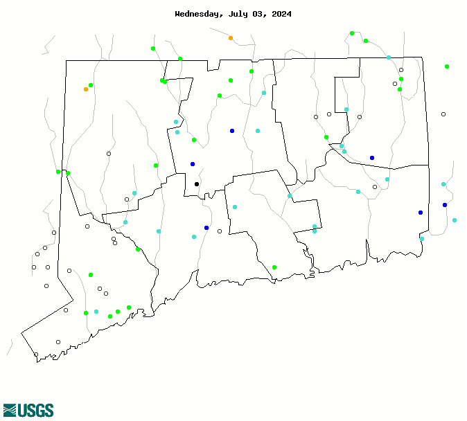 Map of 7-day average streamflow compared to historical streamflow for the day of the year (Connecticut)