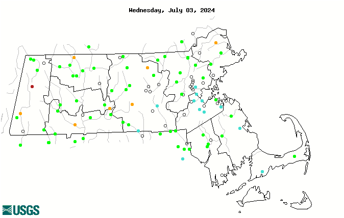 Map of 7-day average streamflow compared to historical streamflow for the day of the year (Massachusetts).