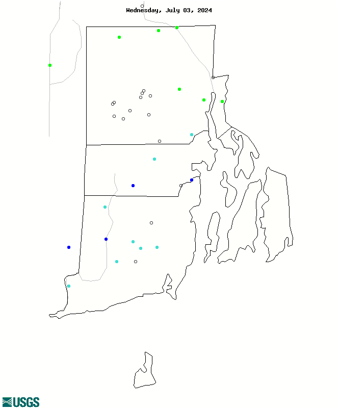 Map of 7-day average streamflow compared to historical streamflow for the day of the year (Rhode Island).