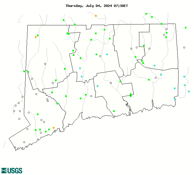 Map of Connecticut real-time streamflow compared to historical streamflow for the day of the year.