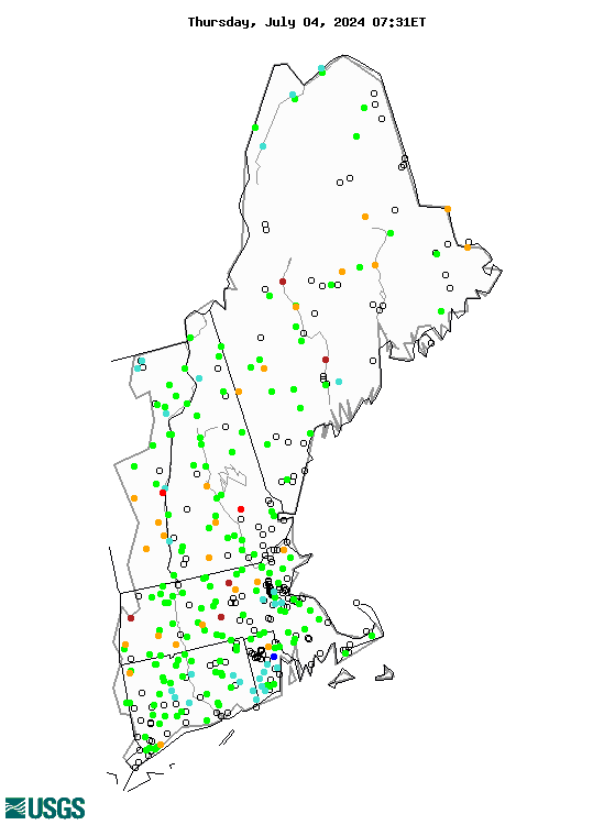 Map of daily streamflow compared to historical streamflow for the day of the year (New England).