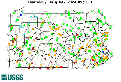 Stream gage levels in Pennsylvania, relative to 30 year average.